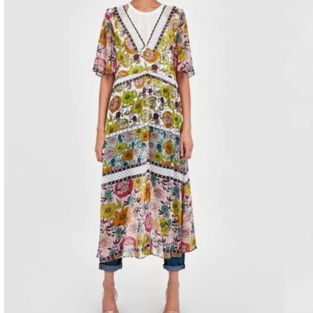 Zara TRF Collection Floral Kimono Kaftan Sheer Multi-Color Coverup S Small
